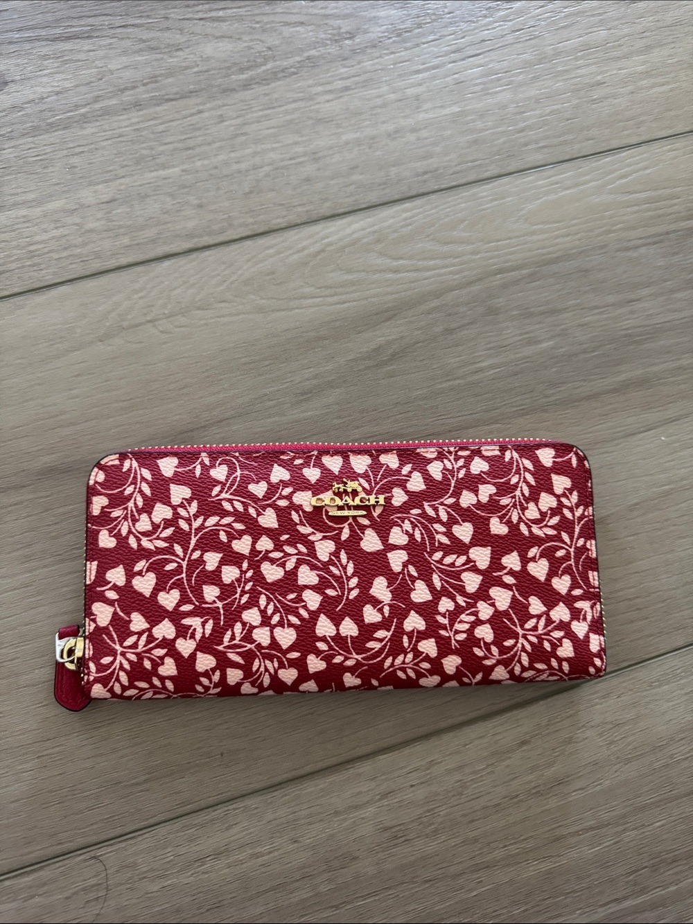 Coach Red Floral Zip Wallet with Gold Logo